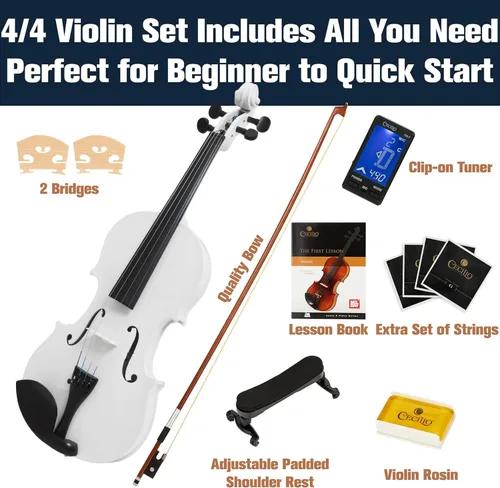 Miniatura 8 de Violín Mendini de madera sólida, libro de lecciones, cuerdas extra, sintonizador violín, arco y estuche, Blanco