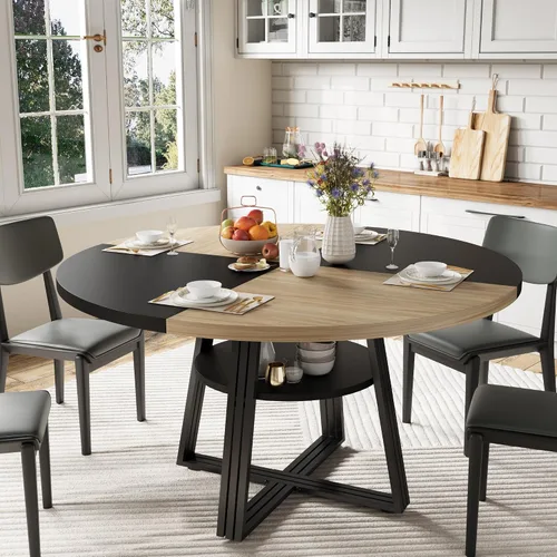 Miniatura 9 de GarveeHome Mesa de comedor redonda para 4-6, 47.2 pulgadas, mesa de cocina de granja con almacenamiento, mesas de comedor circulares para cocina