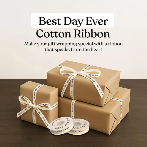 Miniatura 2 de Cinta de algodón en espiga personalizada, cinta de regalo natural de 5/8 pulgadas con frase impresa Best Day, 10 yardas