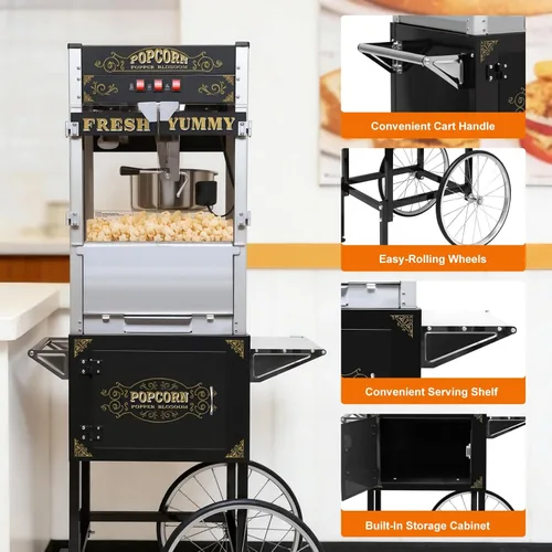 Miniatura 6 de Máquina de palomitas de 20 oz con carrito, ruedas y hervidor de acero inoxidable, 110v/1440w, estilo vintage de cine de teatro, máquina de palomitas