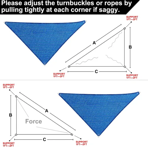 Miniatura 4 de Toldo triangular de 17 x 19 x 25.5 pies, color azul, con borde recto, toldo triangular para exteriores, cubierta para pérgola con bloqueo UV