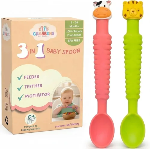 Miniatura 9 de Cuchara de silicona 3 en 1 para bebé de alimentación autónoma durante más de 6 meses, cuchara mordedor pediátrica diseñada por OT, utensilios