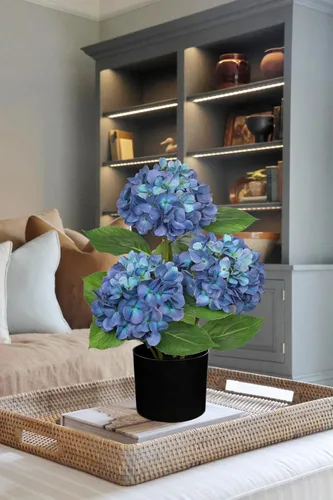 Miniatura 4 de Hollyone Flores artificiales de hortensias azules en maceta, flores grandes de seda de tres cabezas, arreglos florales falsos para interiores