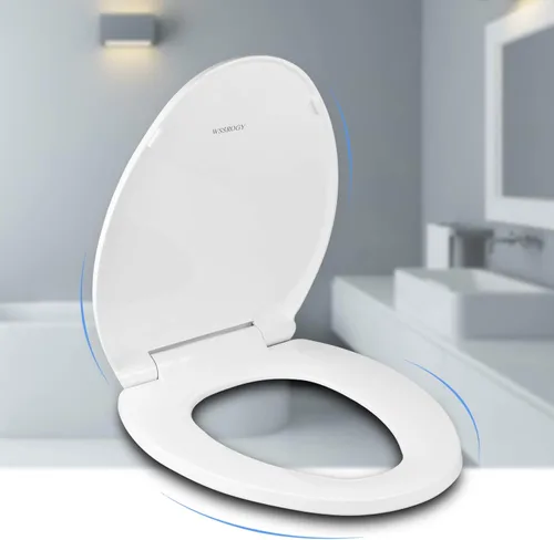 Miniatura 2 de Asiento de inodoro alargado con tapa de cierre suave, fácil de instalar, plástico, blanco, adecuado para inodoros alargados u ovalados