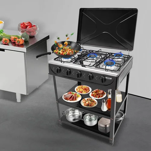 Miniatura 3 de Estufa de Gas de 5 Quemadores, Estufa de Gas Natural Portátil para Acampar al Aire Libre Estufa de BBQ Cocina de Gas con Estante de Almacenamiento