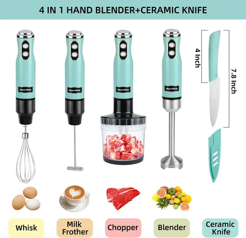 Miniatura 2 de Batidora de mano, potente 4 en 1 600 W con cable de inmersión de mano con accesorio de acero inoxidable, procesador de alimentos pequeño y palo