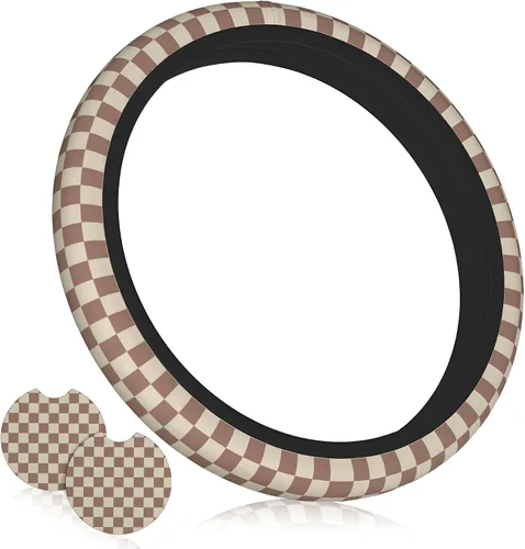 Miniatura 13 de Funda para volante de automóvil de 15 pulgadas y 2 posavasos de automóvil a cuadros Funda de volante a cuadros color negro marrón antideslizante