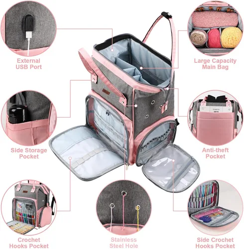 Miniatura 2 de crochet bag,knitting bagBackpack and Tote Bag Storage Bag ，Large capacityYarn Storage Organizer Travel Crochet Bag Women Carrying Crochet Rosa y Gris