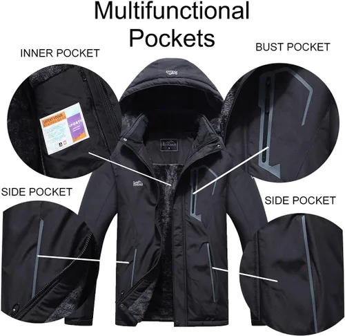 Miniatura 6 de Pooluly - Chaqueta impermeable de invierno, esquí, snowboard, para hombre, con capucha, rompevientos.