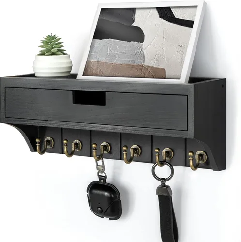 Rebee Vision Organizador decorativo de llaves de madera de pino con montaje en pared y cajón – Organizador moderno de correo con 6 ganchos para