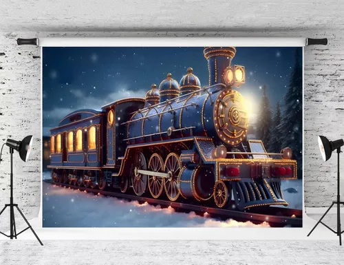 Kate Telón de fondo de tren de Navidad para fotografía de invierno, noche nevada, fondo de tela, accesorios de estudio (7 x 5 pies)