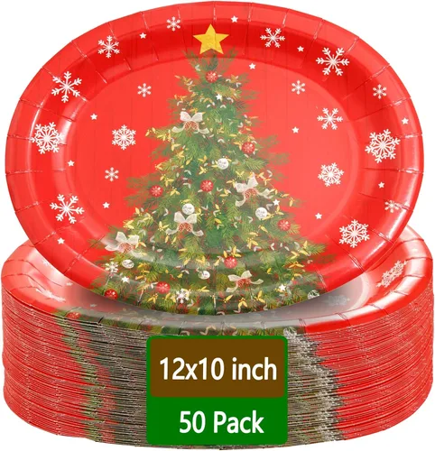 WDF Paquete de 50 platos de papel de Navidad – Platos de papel ovalados de 10 x 12 pulgadas para suministros de fiesta, árboles de Navidad, plato