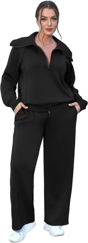 Miniatura 3 de XIEERDUO Conjuntos de descanso para mujer 2023 sudadera de gran tamaño con media cremallera y pantalón deportivo de pierna ancha de 2 piezas