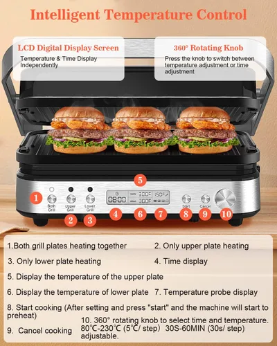Miniatura 5 de Panini Press Grill Sandwichera con placas extraíbles, 1600 W, parrilla interior 6 en 1 con termómetro de carne, parrillas de contacto eléctricas