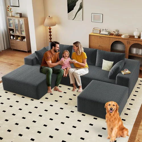 Miniatura 45 de Sofá modular de 95 pulgadas con otomana, moderno sofá nube de pana con asiento profundo, sofá sin hueso tapizado de 3 plazas en forma de U para sala