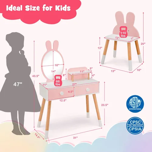 Miniatura 7 de GLACER Juego de mesa y silla para niños, juego de tocador patentado con silla, espejo extraíble, 2 cajones grandes, estante de almacenamiento