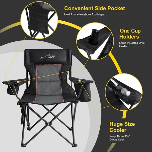 Miniatura 6 de FAIR WIND Silla de camping acolchada de gran tamaño con reposapiés, juego de taburetes, soporte resistente, soporta 300 libras, bolsa de negro