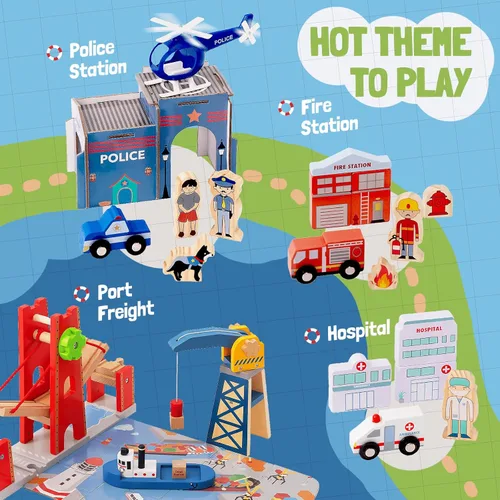 Miniatura 3 de Giant bean Juego de 117 piezas de tren Busy Port City para niños, juego de vías de tren de madera ampliables y cambiables, juguete grande de Navidad