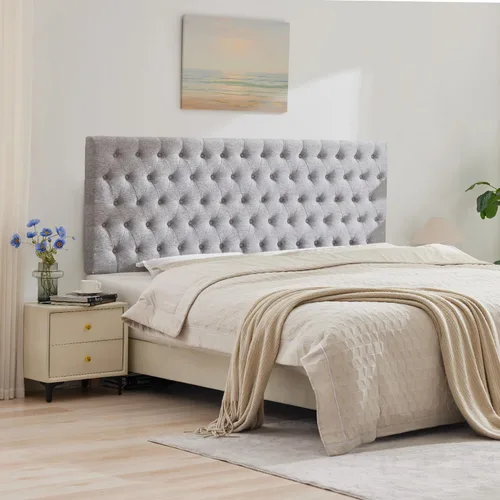 Miniatura 14 de Kingfun Cabeceras con diseño moderno de botones, cabecera de cama tapizada y acolchada de tela de lino premium, cabecera de madera maciza ajustable
