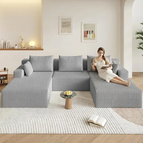 Miniatura 28 de Sofá modular Cloud de 95 pulgadas con otomana, moderno sofá nube en forma de U con asiento profundo, cómodo sofá de pana de 3 plazas, sofá de espuma