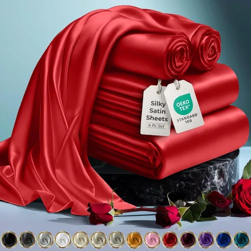 Miniatura 44 de DECOLURE Sábanas de satén para cama - Juego de 6 piezas de ropa de cama de lujo sedosa tamaño King - Más suave que la seda, sin arrugas con sábana