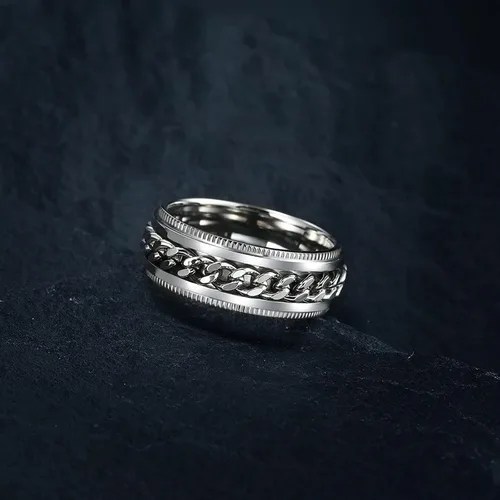 Miniatura 41 de LAOYOU Anillo giratorio para hombre para alivio de la ansiedad 0.315 in de acero inoxidable negro anillo de ansiedad con incrustaciones de cadena