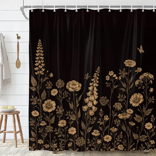 Miniatura 3 de Cortina de ducha bohemia con estampado floral negro y dorado, juego de cortinas de baño de tela impermeable con ganchos, 72 x 72 pulgadas