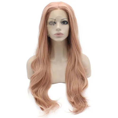 24 pulgadas largo suelto ondulado mano atado a mano rosa natural ondulado sintético encaje frontal peluca natural en Mxangel
