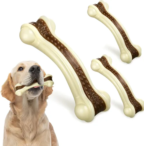 Miniatura 9 de Sosation Paquete de 3 juguetes masticables para masticadores agresivos, juguetes de hueso de nailon con sabor a carne de res, juguetes