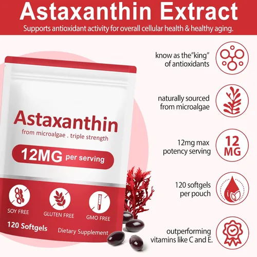 Miniatura 3 de VOFANK Astaxantina 12 mg, suplementos de astaxantina premium con actividad antioxidante, apoya los ojos, las articulaciones, el sistema