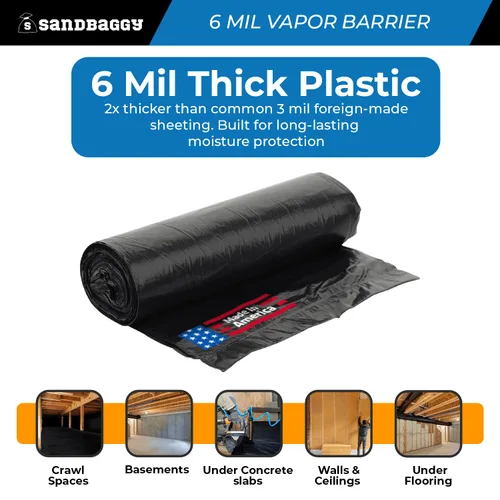 Miniatura 4 de Sandbaggy Barrera de vapor de 10 pies x 100 pies de 6 mil, polietileno, rollos de láminas de plástico negro, barrera de humedad para espacios