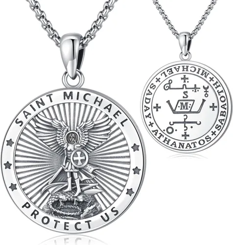 Miniatura 119 de Odinstone Collar de plata de ley 925 con medalla de San Miguel/San Cristóbal/San Benito/Crucifijo de Jesús/San Uriel/Arcángel Rafael para hombres