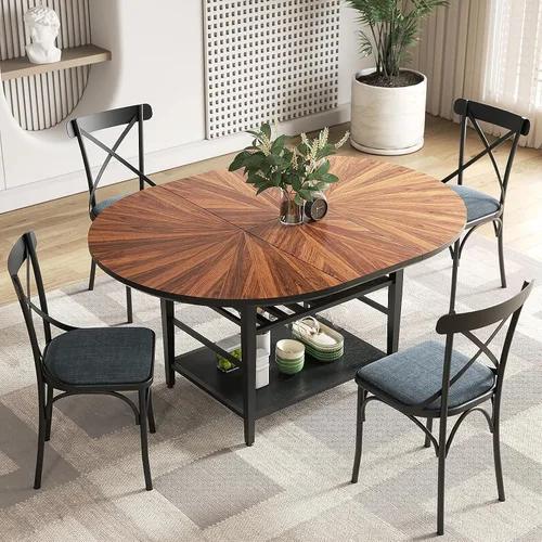 Miniatura 21 de Juego de mesa de comedor redonda de 47 pulgadas para 4-6 personas, juego de mesa de comedor grande de cocina estilo granja con sillas y estante