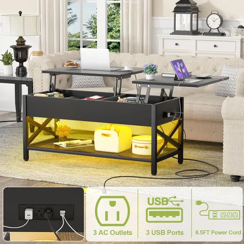Miniatura 5 de Aheaplus Mesa de Centro Elevable Negra con Luz LED, Tomas de Corriente y Estante de Almacenamiento, 41.7"An x 19.69"L x 19.7"Al