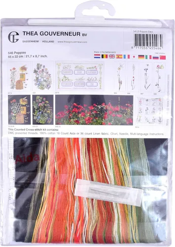 Miniatura 4 de Thea Gouverneur - Kit de punto de cruz, amapolas - Aida Black - 18 unidades - Kit de bordado para adultos - Hilos de bordado DMC y otros suministros