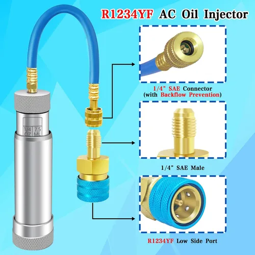 Miniatura 2 de Inyector de aceite de CA para R1234YF, R134A, R410A, inyector de aceite de tinte HVAC con conector SAE de 1/4", herramienta de inyector de aceite