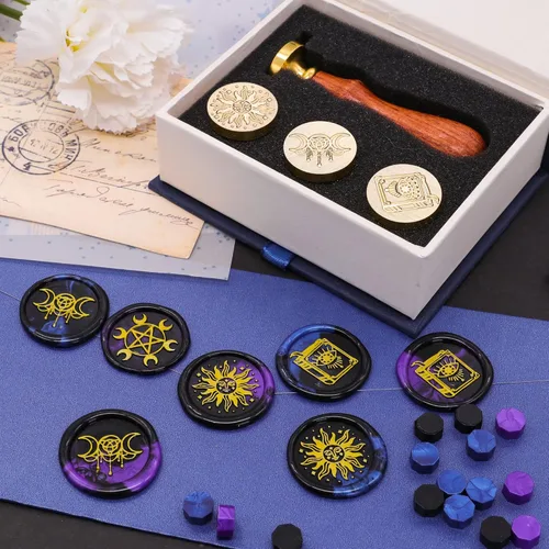 Miniatura 4 de SWANGSA - Juego de sellos de cera, estilo clásico, 4 cabezas de sello de cera y 1 mango de madera para invitaciones de fiesta de boda, cartas