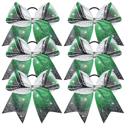 Miniatura 15 de DEEKA 6 lazos grandes de animadora con purpurina de 8 pulgadas con diamantes de imitación completos, lazos para el pelo de animadora coloridos Plata