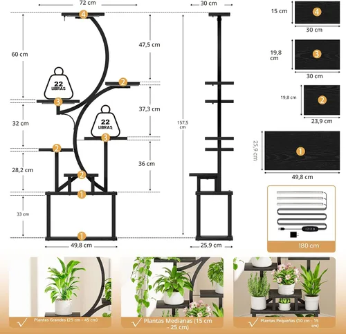 Miniatura 6 de Soporte para plantas con luces de cultivo para plantas de interior, estante esquinero alto de 8 niveles con luz de espectro completo, en forma de S