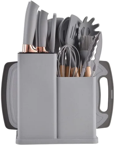 Juego de utensilios de cocina y bloque de cuchillos de 19 piezas: 12 utensilios de cocina de silicona antiadherentes y resistentes al calor Gris