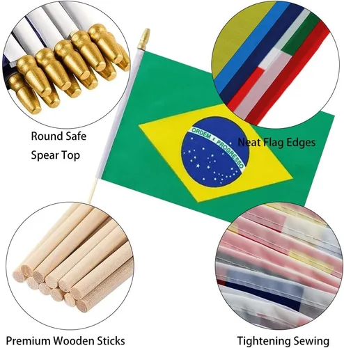 Miniatura 3 de Paquete de 12 banderas de Brasil en palos, pequeñas banderas de mano brasileñas para oficina, aula, vacaciones, decoración de fiestas
