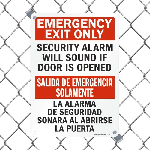 Miniatura 6 de SmartSign Letrero bilingüe "Solo salida de emergencia: la alarma de seguridad sonará si la puerta está abierta", plástico de 10 x 14 pulgadas