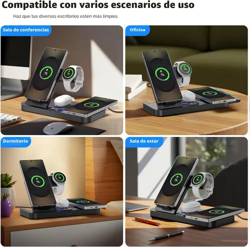 Miniatura 6 de Cargador inalámbrico magnético para Samsung, 6 en 1 para estación de carga Samsung, teléfono dual de 30 W con interruptor automático de luz y reloj