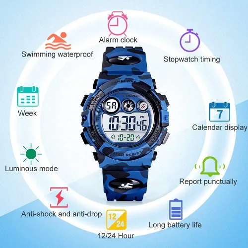 Miniatura 4 de GOLDEN HOUR Relojes para niños, deportes digitales, impermeables, para niños y niñas, para exteriores, alarma de 1224 horas, retroiluminación