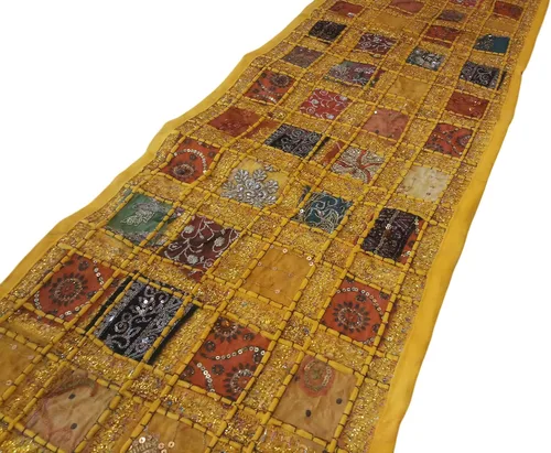Miniatura 2 de JGARTS Camino de mesa bordado de retazos, tapiz de algodón con lentejuelas indias, bohemio, hippie, para colgar en la pared, tapiz de decoración