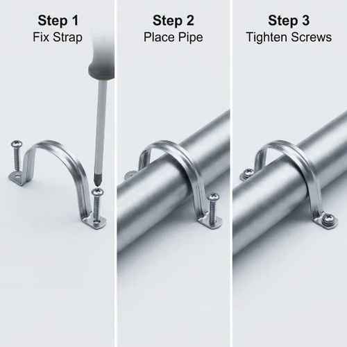 Miniatura 5 de QWORK Abrazadera de correa de tubo rígido de 4 pulgadas, paquete de 10 clips de tubo de soporte Strap-U, correa de acero inoxidable resistente