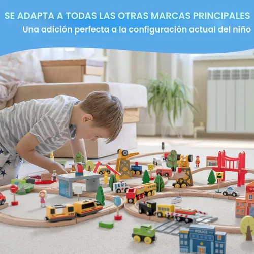 Miniatura 6 de Tiny Land 55 piezas de juego de tren de madera - Compatible con pistas de marcas principales, juguete educativo para niños de 3 a 7 años, duraderos
