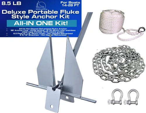 MarineNow Fluke - Kit de anclaje galvanizado en caliente con cadena, cuerda marina de 98 pies y grilletes | Elige barcos de 5 libras (10 a 18 pies),