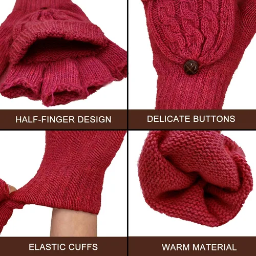 Miniatura 49 de Beurlike Guantes de invierno para mujer, de lana cálida, a prueba de viento, convertibles, sin dedos