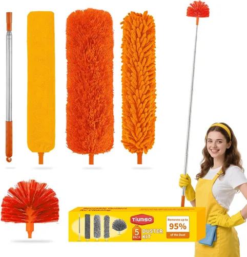 Miniatura 9 de Tiumso Kit de plumero de microfibra 5 en 1, plumeros para limpieza, plumero con poste de extensión de 100 pulgadas, plumero de telaraña, plumeros